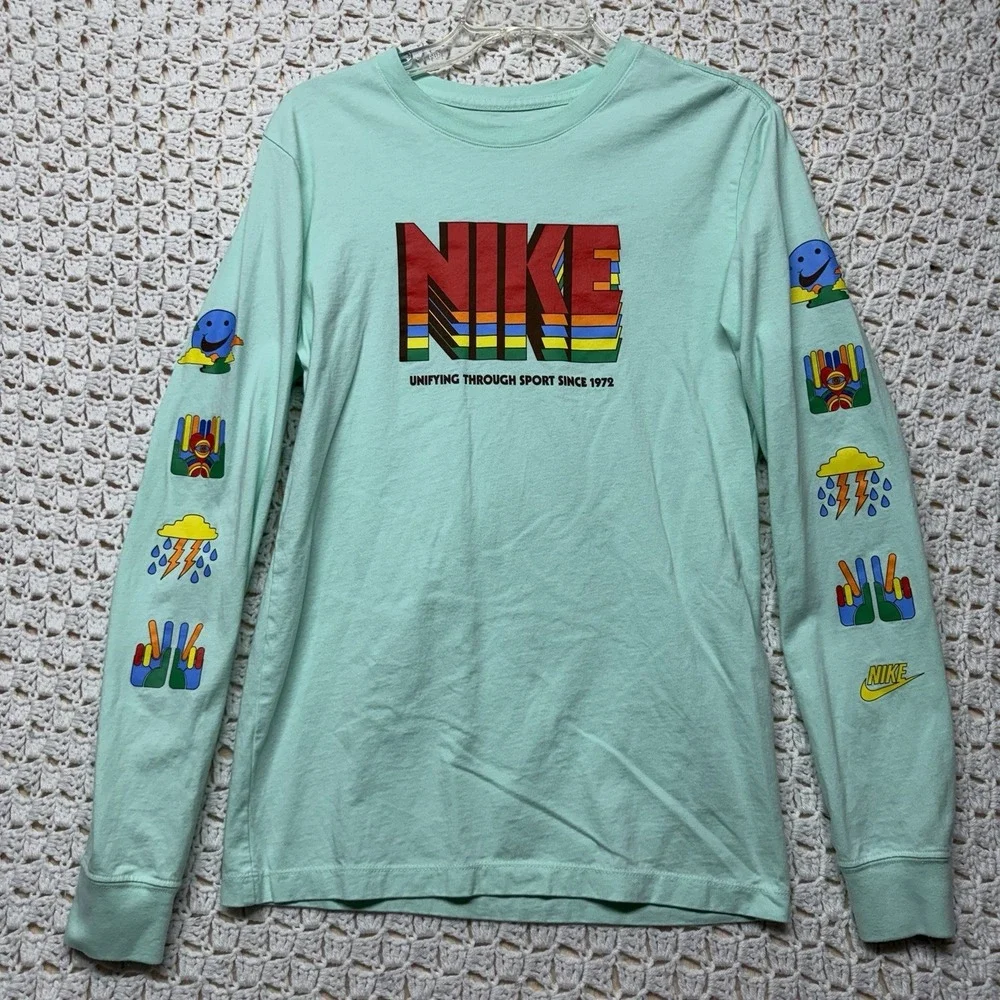 Nike Sportswear T-Shirt Mens S Green Long Slv Geometric Crew Neck 100%Cotton